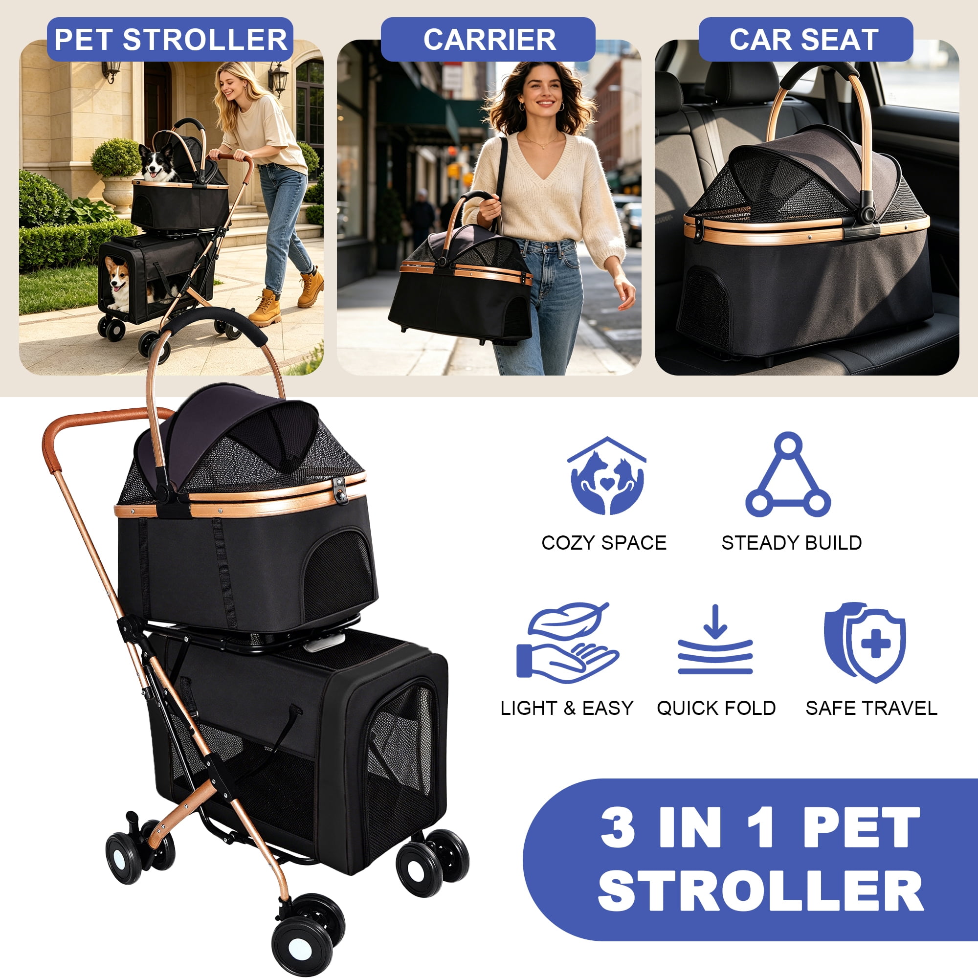 Double-Carrier Pet Stroller for Small/Medium Dogs and Cats, Foldable Convertible Pet Carrier with Caster & Brake System