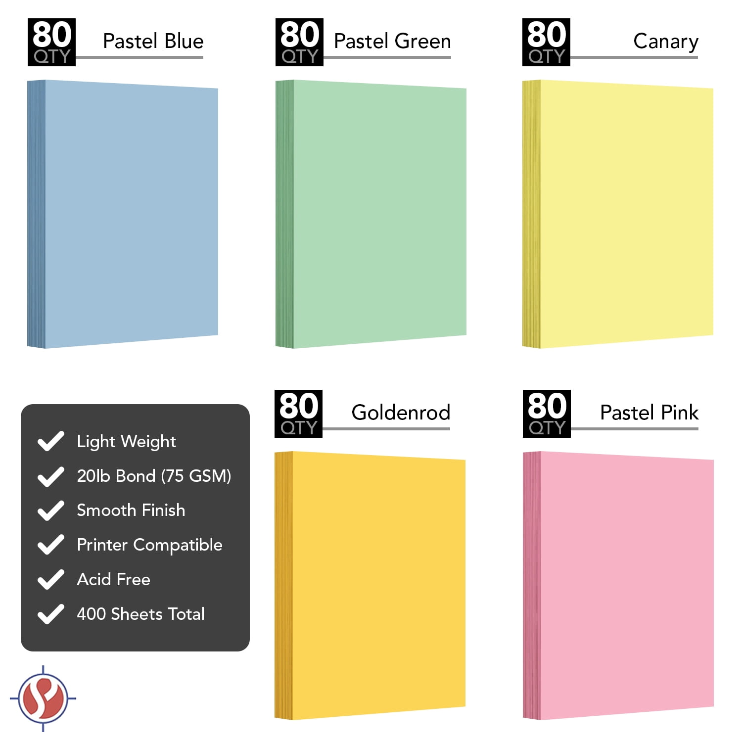 Pastel Color Paper, 8.5 x 11" Multi-Color Bulk Paper for Spring & Easter Greetings, Art & Crafts, Invitations | Regular 20lb Bond | 80 Blue, 80 Pink, 80 Green, 80 Canary, 80 Goldenrod (400 Total)