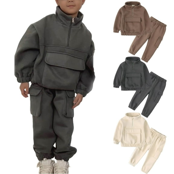 safuny Boys Girls Spring Sweatshirts Tracksuits Sets with Pocket Solid Color Casual Playwear Tops Toddler Baby Long Sleeve Shirts Clearance Beige 2Y
