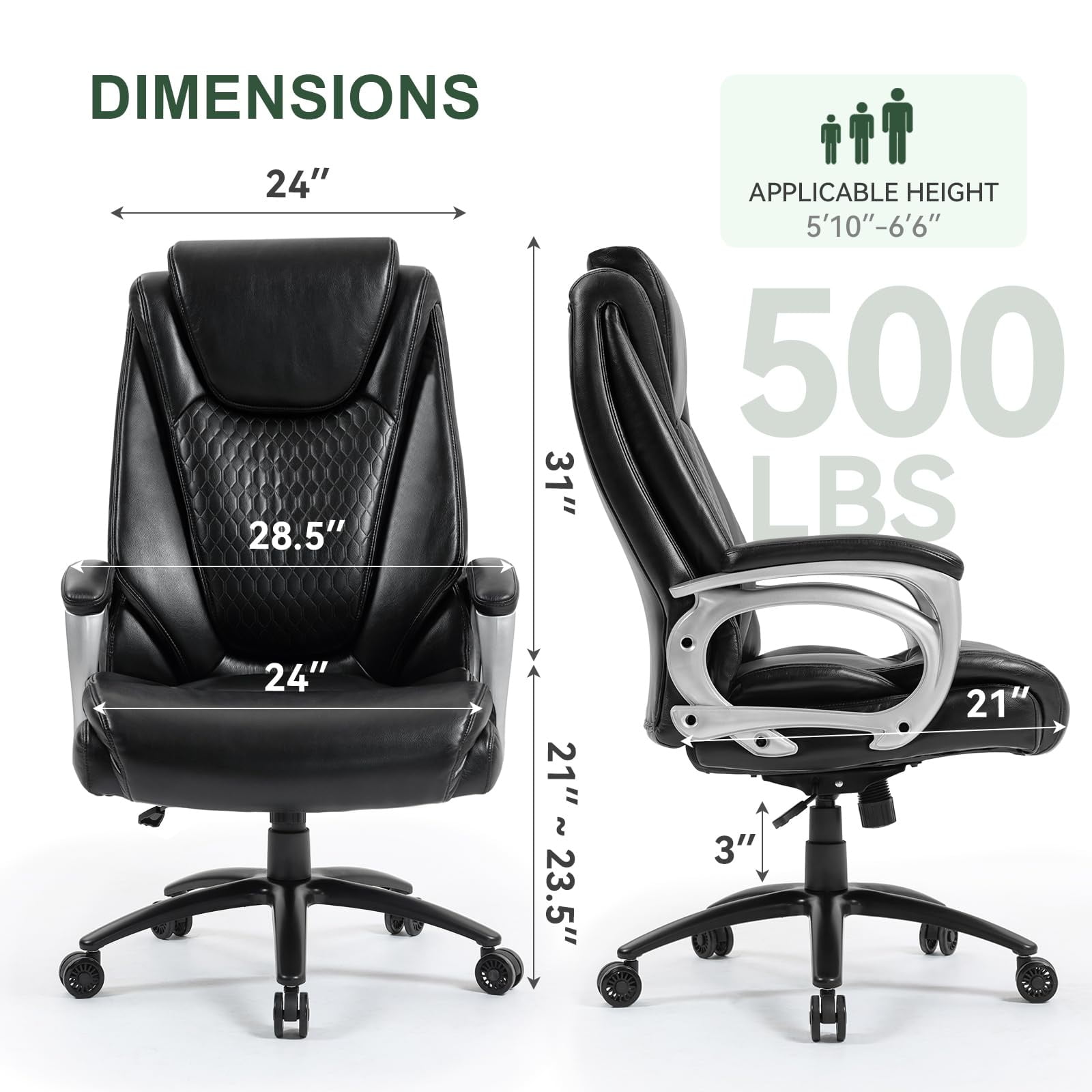 Big and Tall Office Chair 500lbs, Heavy Duty Executive Office Chair, Adjustable Height High Back Ergonomic PU Leather Desk Chair, 360° Swivel Rolling Wheels for Home Office (Black)