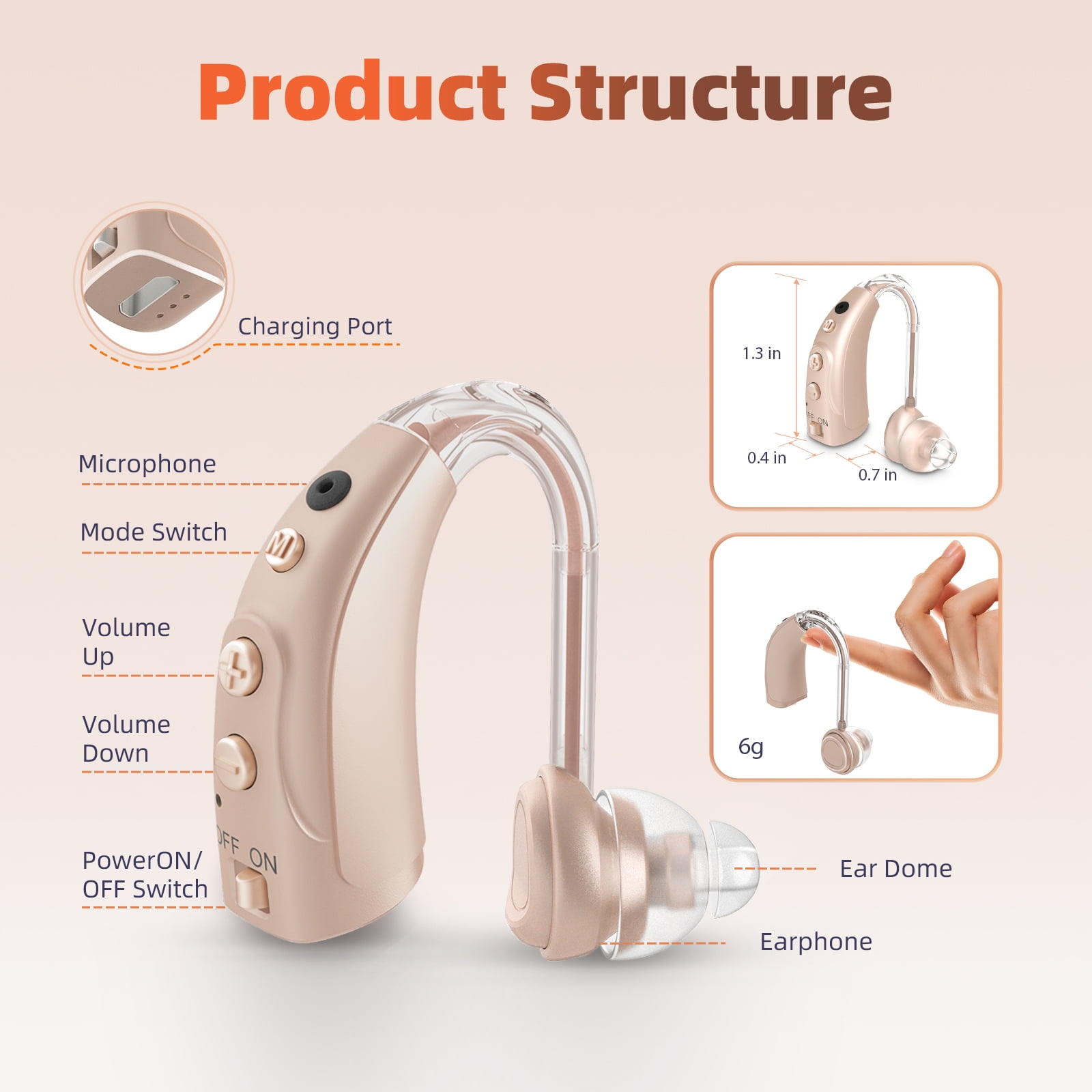 HIBRIQ Digital Hearing Aid for Seniors, Rechargeable, Multi-Level Volume Control, 16-Channel, 4-Mode, Single, Beige