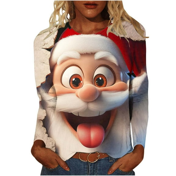 Festival Saving Womens Christmas T Shirts Funny Christmas Holiday Blouse Long Sleeve Tee with Santa Claus Print and Round Neck Comfort Shirts My Items