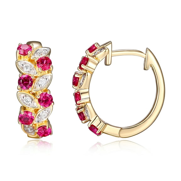 Forever Facets Jewelry 18 Karat Yellow Gold Over Sterling Silver Created Ruby and 1/6th Carat Total Weight Lab Grown Diamond Basketwoven Hoop Earrings (H-I Color, I1 Clarity)