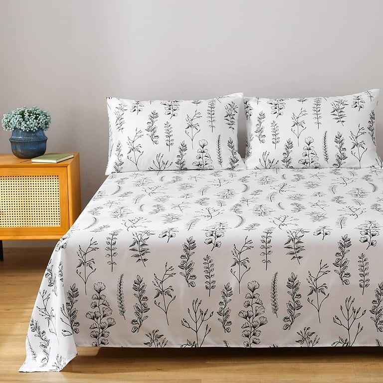 Bedding sheet set 3 PCS Sheet set twin size white sheets with black floral prints 100 microfiber Ultra soft Wrinkle Anti Fade Stain Resistant