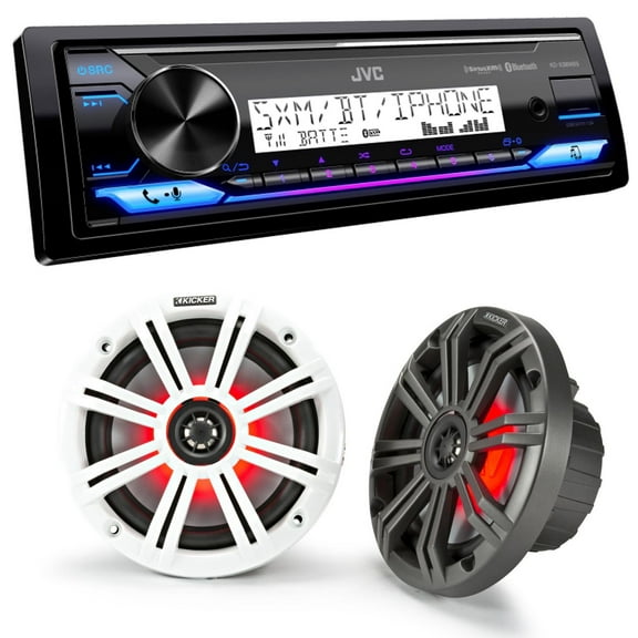 JVC KD-X38MBS Marine Digital Media Receiver with Bluetooth, USB, SiriusXM Ready, Conformal Coated PCB with 1 Pair KM654L 6.5" Marine Coax Speakers w/RGB Lighting