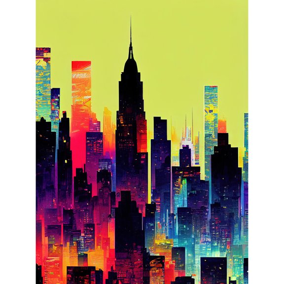 New York Vibrant Multi Coloured Graphic Design Skyscraper Cityscape Silhouette Unframed Wall Art Print Poster Home Decor Premium