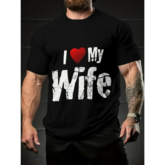 Men's 'I Love My Wife' Graphic Cotton T-Shirt - Black Casual Summer Short Sleeve, Round Neck, Soft & Breathable Cotton Fabric, Loose Fit, Machine Washable