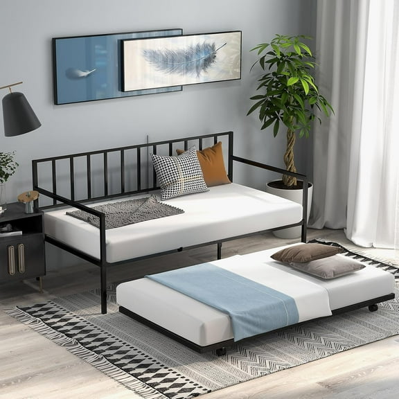 Daybed with Trundle, Metal Twin Bed Frame & Roll Out Trundle with Heavy Duty Slat Support, 4 Lockable Casters, Space-Saving Sofa Bed Frame for Living Room, Bedroom, Guest Room