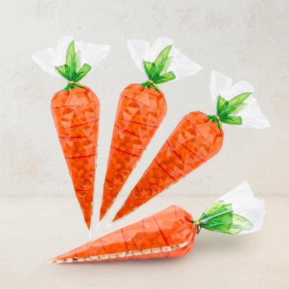 Easter Carrot Transparent Cone Cello Bags, Easter Treat Bags, Easter Goodie Bags, Cellophane Cone Shaped Bags with Twist Ties for Easter Party Favor Supplies