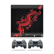 Skin Decal Compatible With Sony Playstation 3 PS3 Slim + 2 controllers Sticker Design Red Dragon