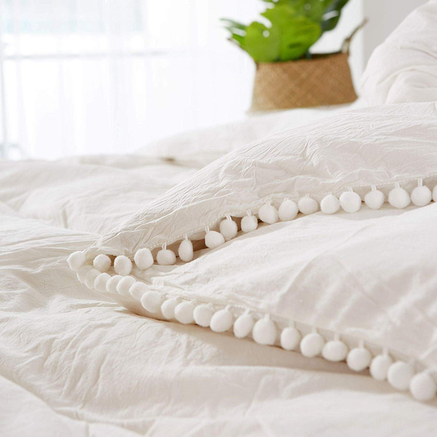 MarCielo Cotton Duvet Cover Set 3 Piece 100% Washed Cotton Duvet Cover 1 Duvet Cover + 2 Pillowcases Pompom (White, King(104x90)