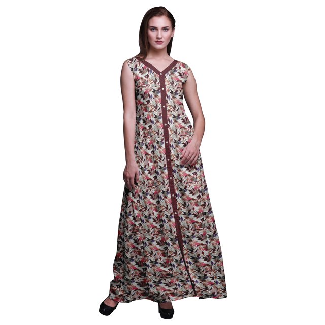 Bimba Feuilles Femmes Col en V Sans Manches Fente avant Décontractée Maxi Imprimée Robe Bohème-Petit