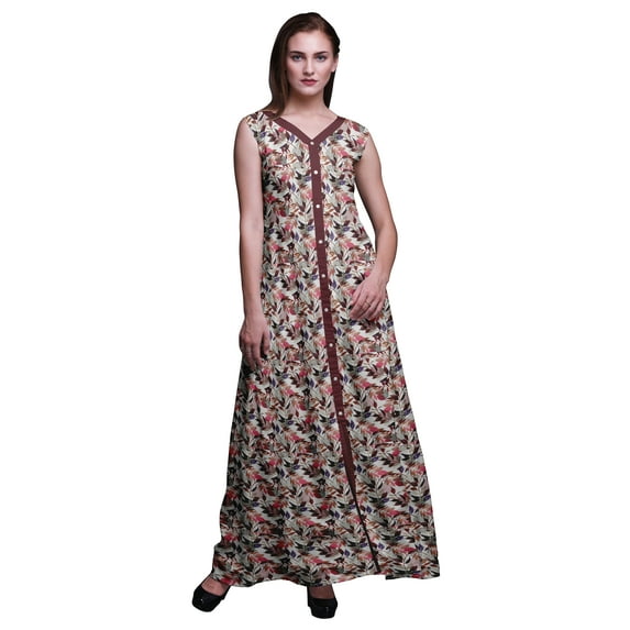 Bimba Leaves Women Long Floral Party V Neck Dress Front Slit Sleeveless Maxi Gown-Large
