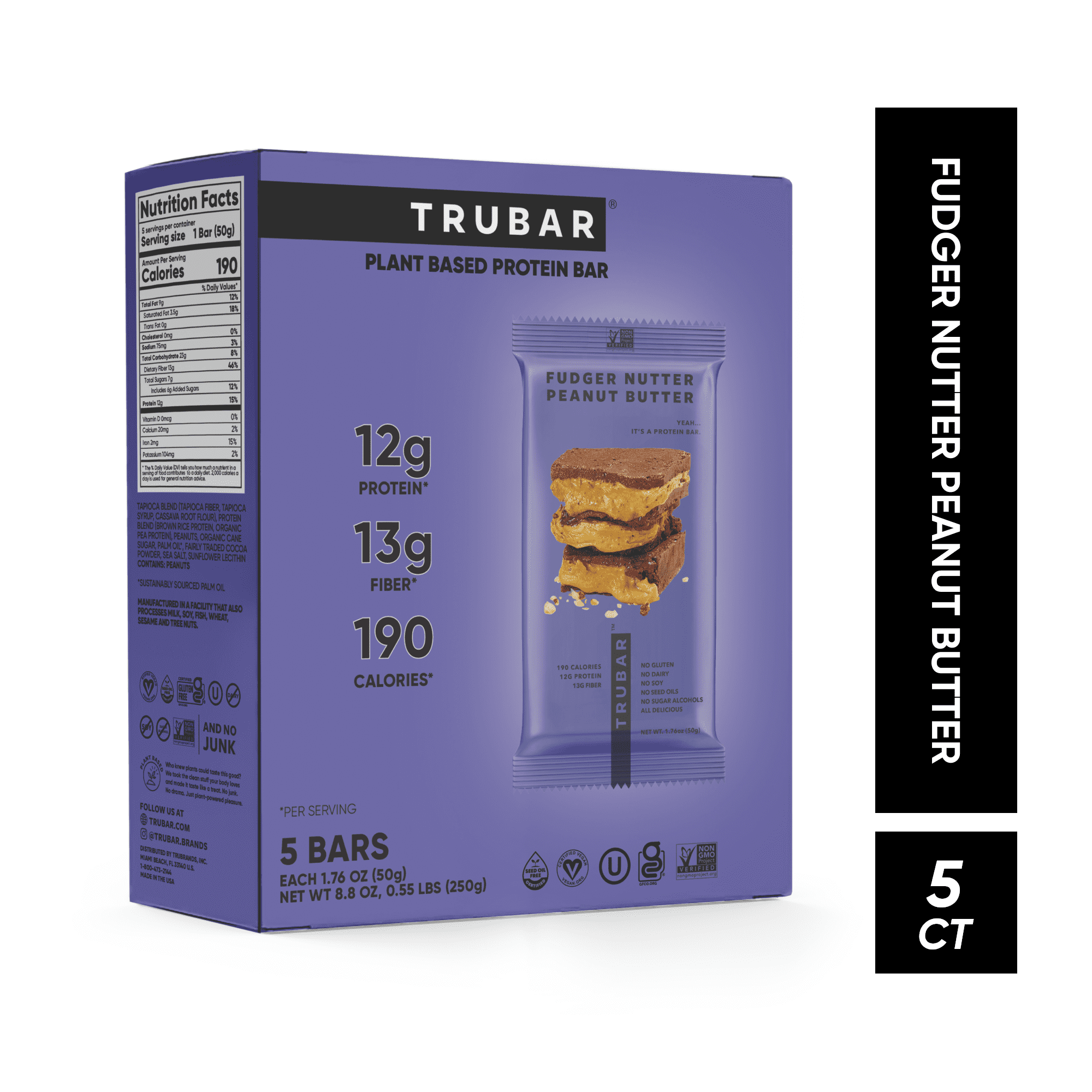 (3 pack) TRUBAR Protein Bar, Fudger Nutter Peanut Butter, Plant Based Protein, Vegan, Gluten Free, Kosher, 5 Count