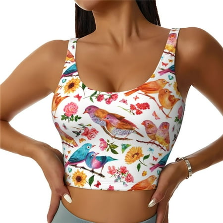 Jgfou Flowers Birds And Butterflies Print Womens Sports Bra - Padded Workout Sports Bras Crop Tank Top