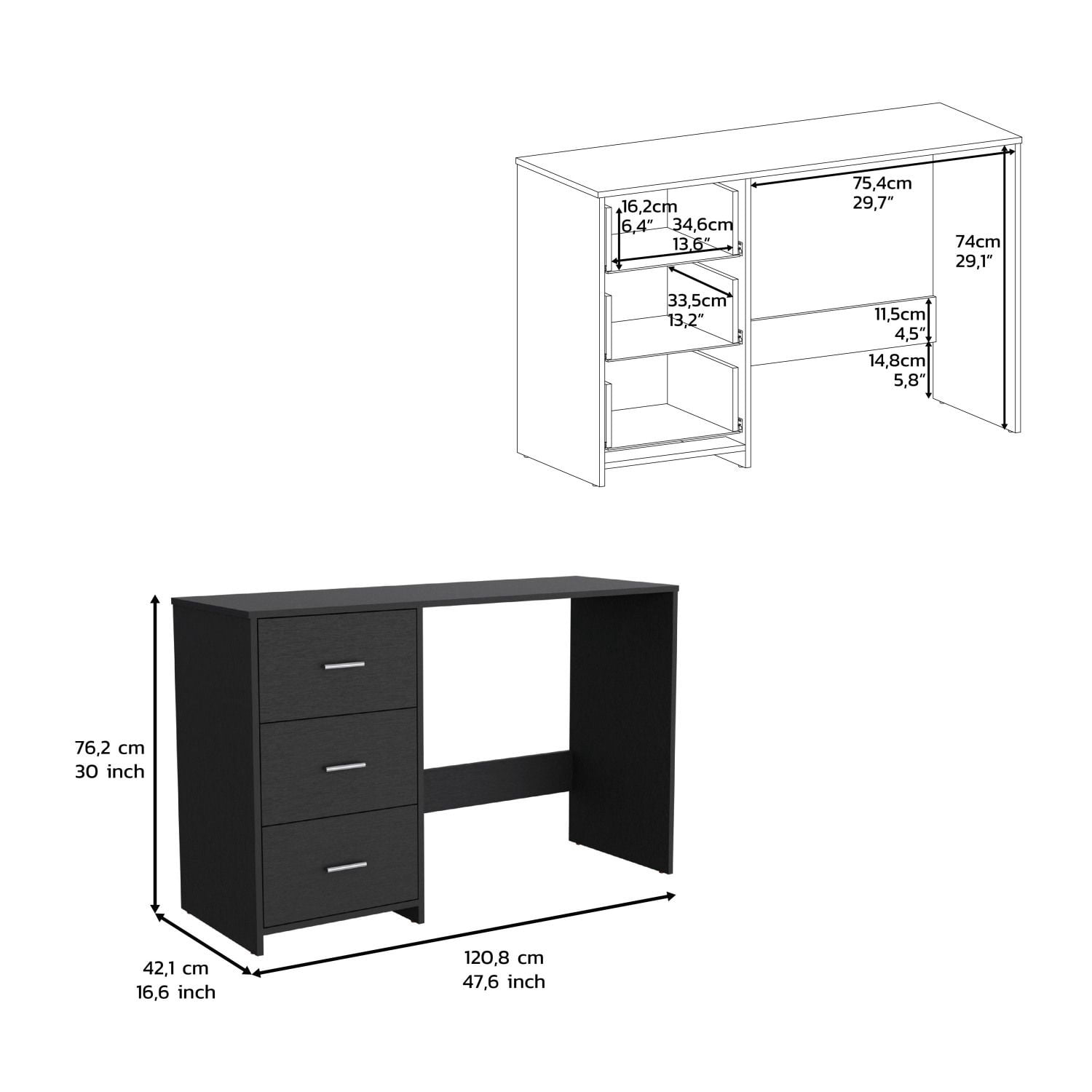 Asteroutdoor Writing Desk with 3 Drawers, Black, 47.5 in Wide, 30 in High, Particle Board, Home Office and Remote Learning