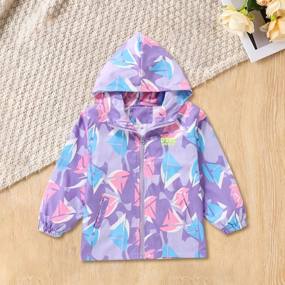 CPNG Toddler Girls Versatile Outdoor Hooded Jacket Cute Cartoon Windbreaker Coats Full Zip Lightweight Cute Graphic Outerwear Rain Jacket Coat with Pockets