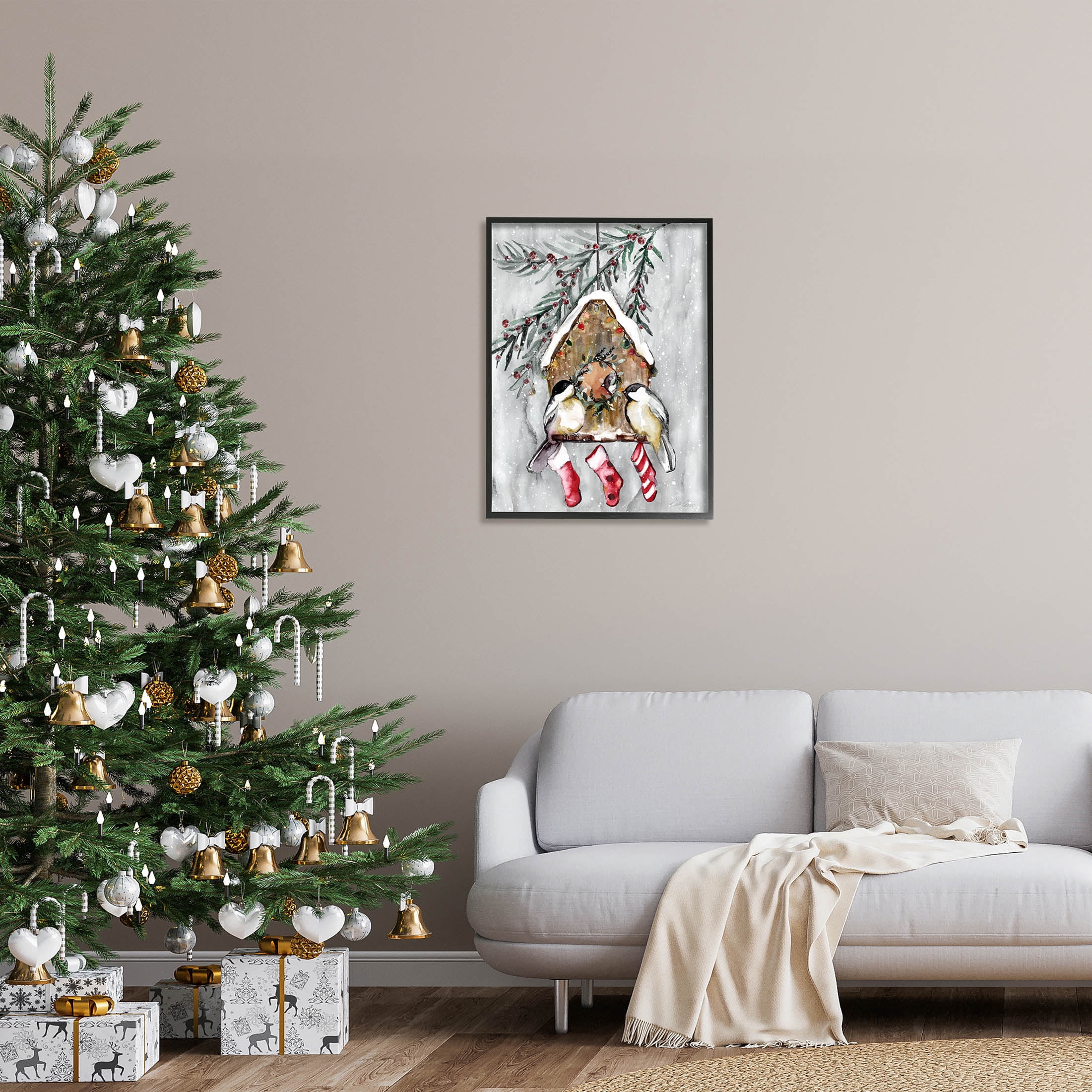 Stupell Industries Holiday Stockings Birdhouse Perched Graphic Art Black Framed Art Print Wall Art, Design by Stella Chang