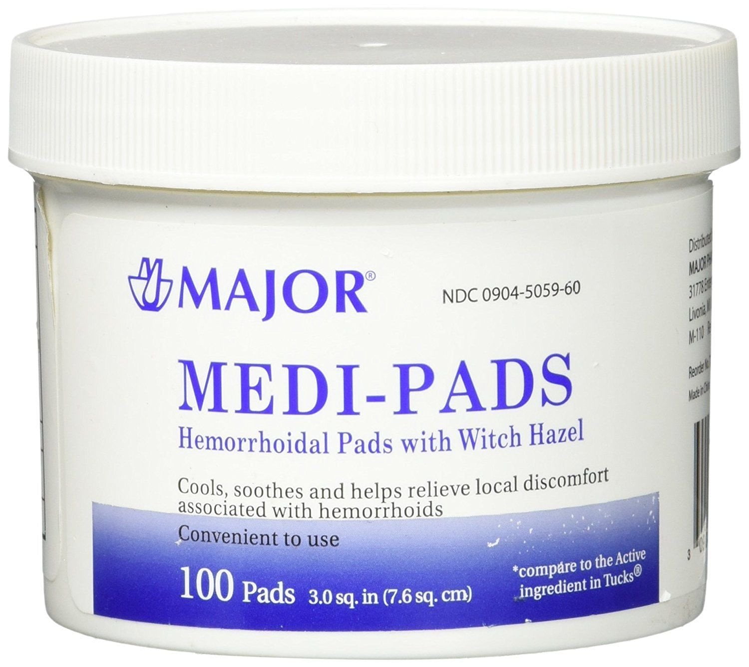 Major MediPads (Tucks Pads) Witch Hazel Hemorrhoidal Pads 100/Jar