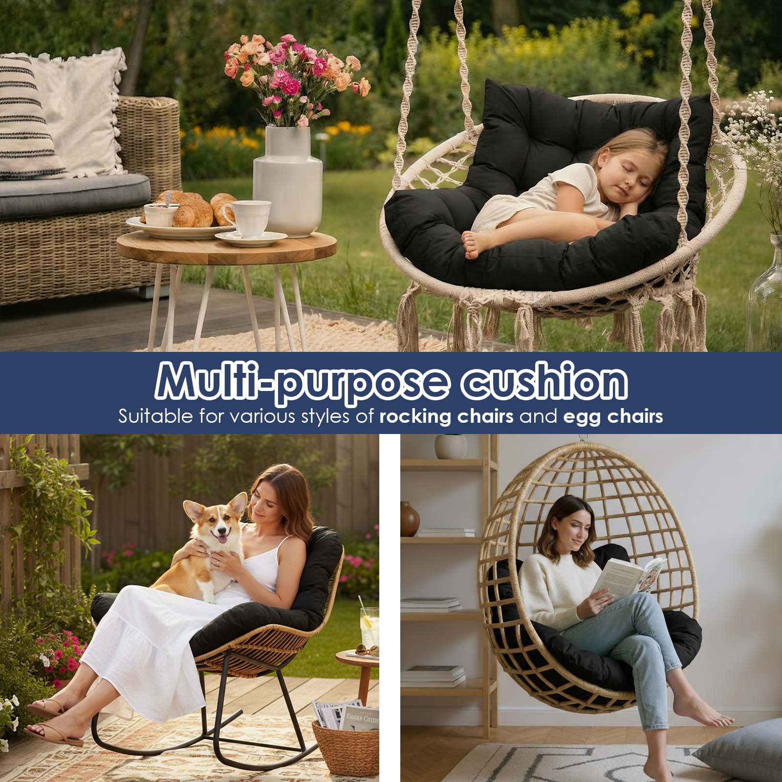 Eurhowing 4" Thick Egg Chair Cushion Replacement, Waterproof & Non-Slip Outdoor Patio Swing Chair Cushions, High-Density Soft Hanging Basket Seat Cushion, Black