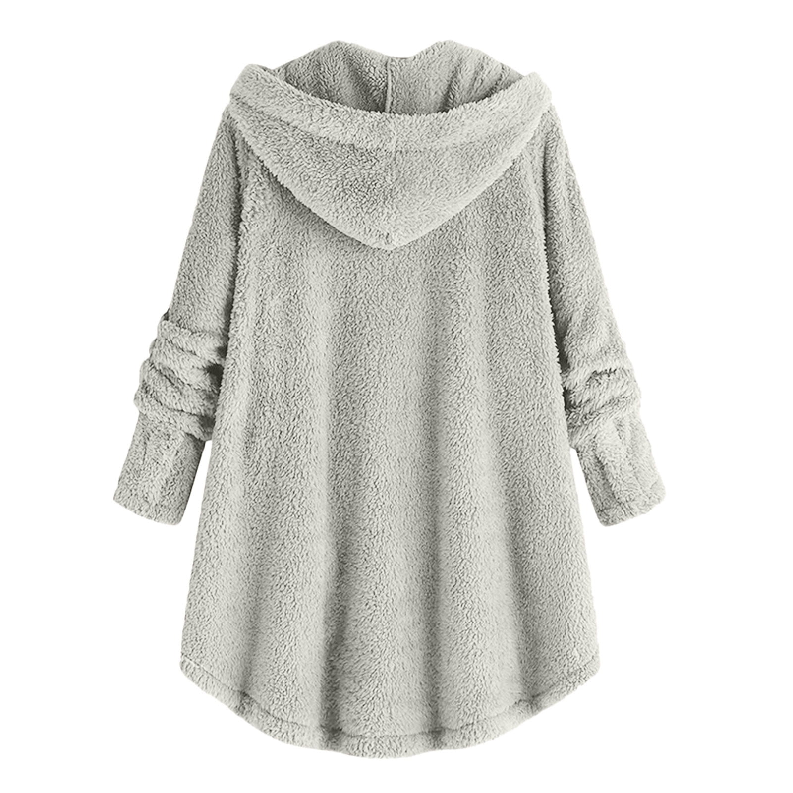 FNFYFH Womens Winter Fleece Coats Fluffy Button Long Sleeve Hoodies Jackets 2025 Warm Teddy Bear Outerwear Plus Size Hooded Coats for Women Blue S-5XL