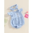 thumbnail image 4 of Musuos Baby Girl Summer Clothes Set 3M 6M 12M 18M Round Neck Fly Sleeve Solid Color Romper + Bow Headband Newborn Infant 2 Piece Set, 4 of 10