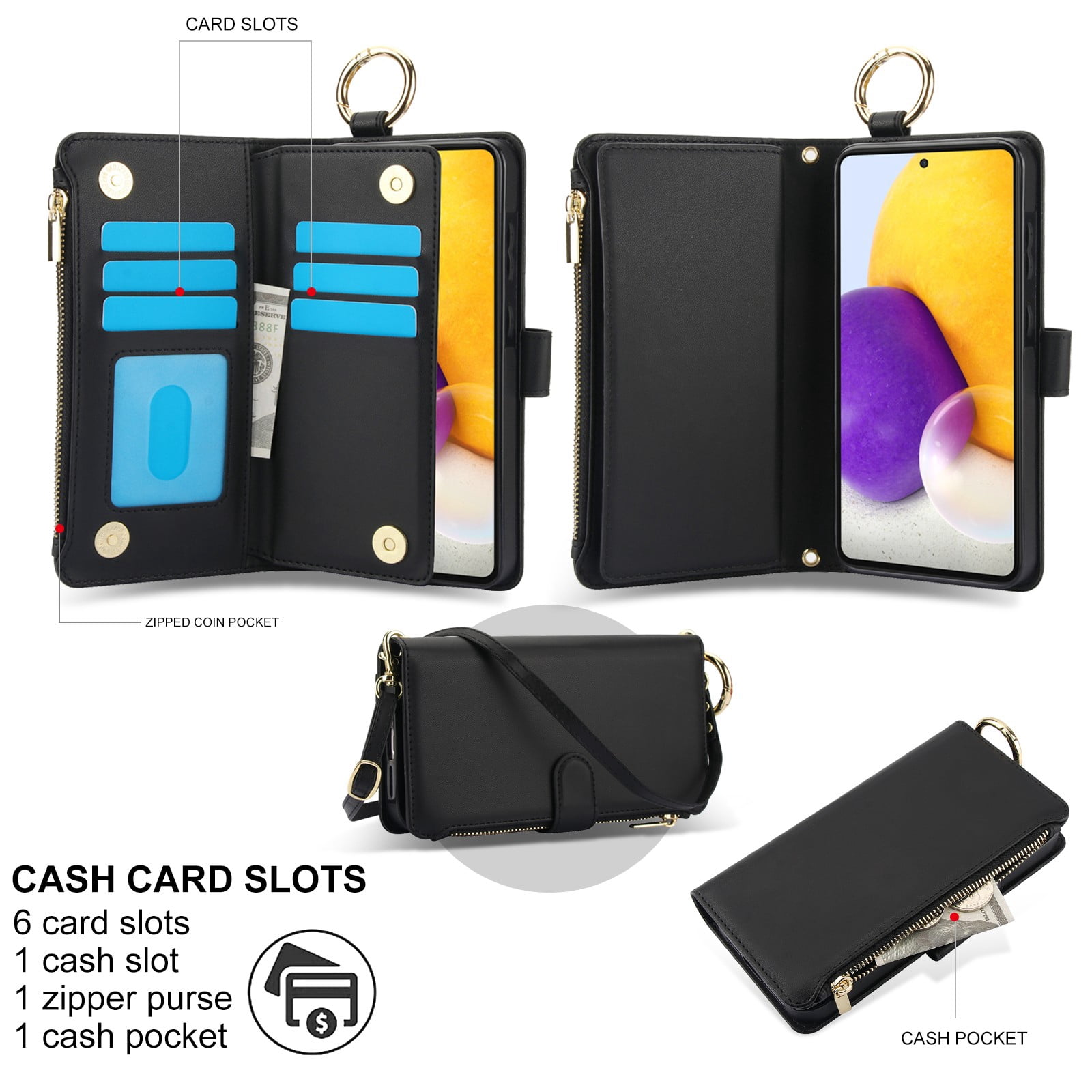 ELEHOLD For Samsung Galaxy A53 5G Phone Case Leather Crossbody Zipper Card Wallet Flip Case Kickstand Cover, with Ring Holder,Full Body Protection-Black