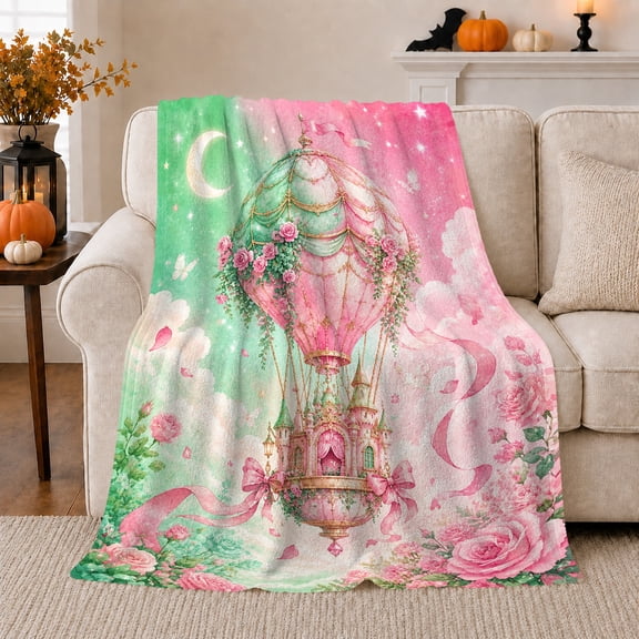 Dreamy Hot Air Balloon Castle Fantasy, Peaceful Mountain Lake Scene, Warm Flannel Blanket for Cabin and Lodge, Outdoor Lovers Friendship Gift, Fantasy Home Decor