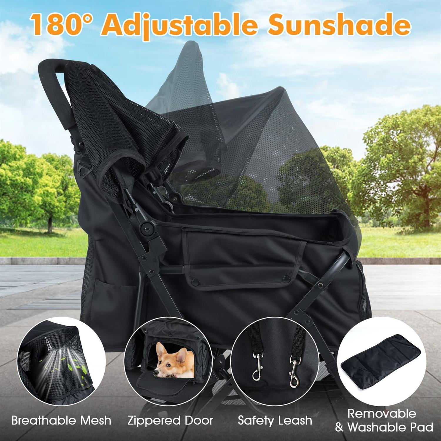 Pefilos Foldable Double Pet Stroller, Adjustable Sunshade & Storage Basket, Rustproof Aluminum Frame, Black