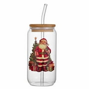 (Clearance) pdqouc Christmas Glass Cups, Christmas Mason Jars with Lid and Straw Christmas Tumbler Drinking Glasses Coffee Cups Jar Decor Glassware Water Bottles Xmas Home Decorations Gifts