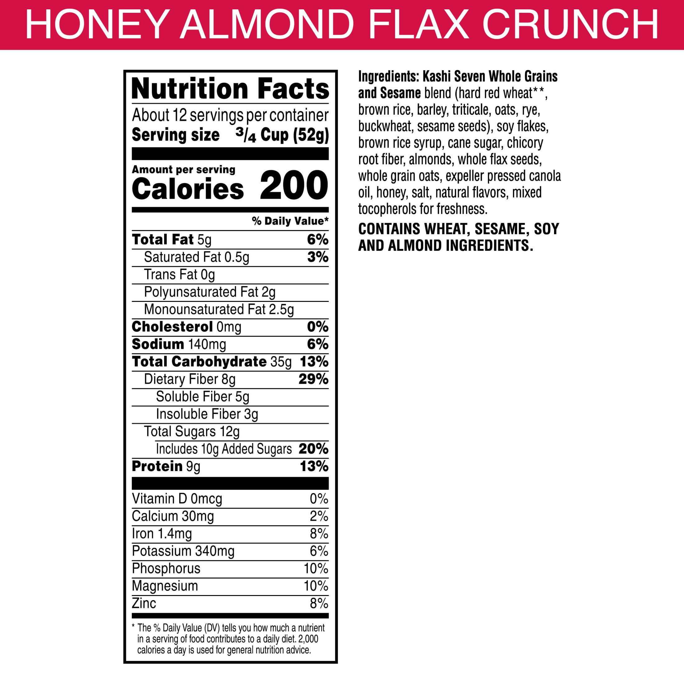 (3 pack) Kashi GO Honey Almond Flax Crunch Breakfast Cereal, Vegetarian Protein, Family Size, 22.2 oz
