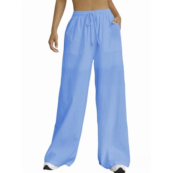 Women Wide Leg Linen Pants, High Waisted Summer Casual Cotton Linen Palazzo Pants with Pockets M