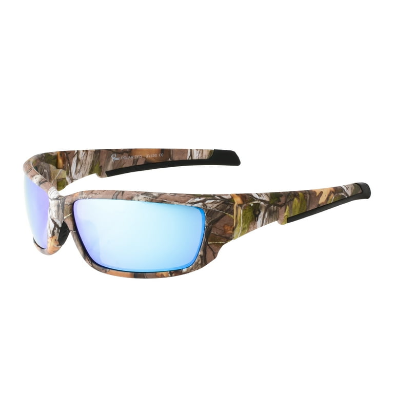 Hornz Brown Forest Camouflage Polarized Sunglasses for Men Full Frame Strong Arms & Free Matching Microfiber Pouch - Brown Camo Frame - Blue Lens