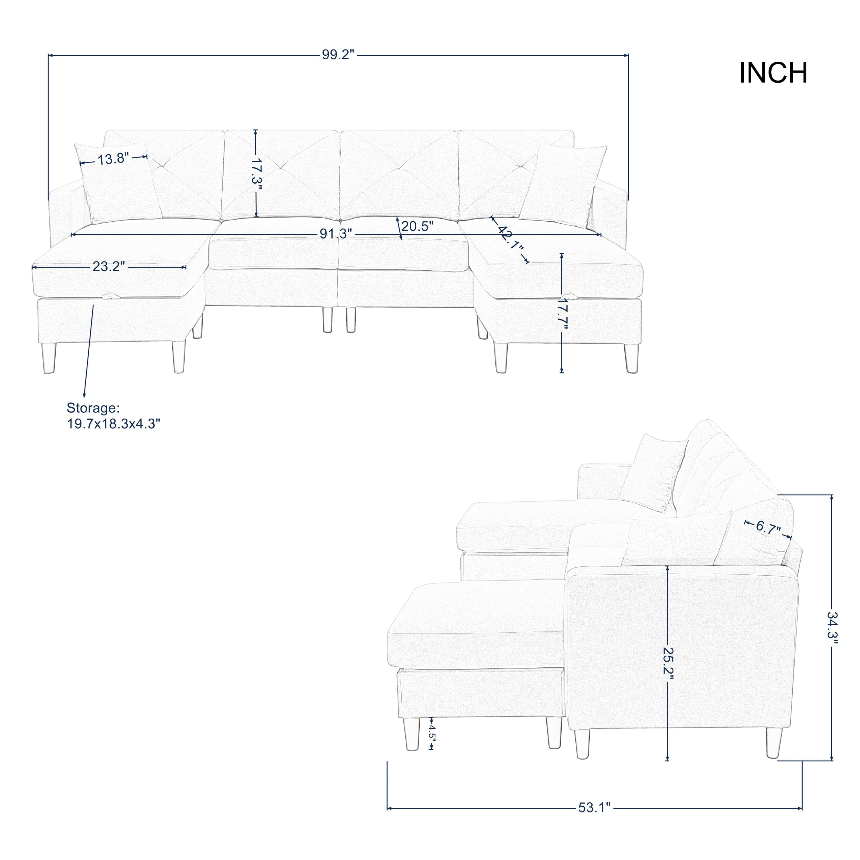 BSHTI 99.2” U-Shaped Modular Sectional Sofa,4 Seating,Linen Upholstery,solid wood and iron combination of frame,Movable Ottomans with storage space,Black