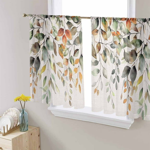 Orange Green Eucalyptus Leaves Semi Sheer Curtains 54 Inch Length 2 Panels Set, Fall Botanical Rustic Sheer Kitchen Curtain Privacy Voile Window Curtain for Living Room Bedroom Rod Pocket Drapes
