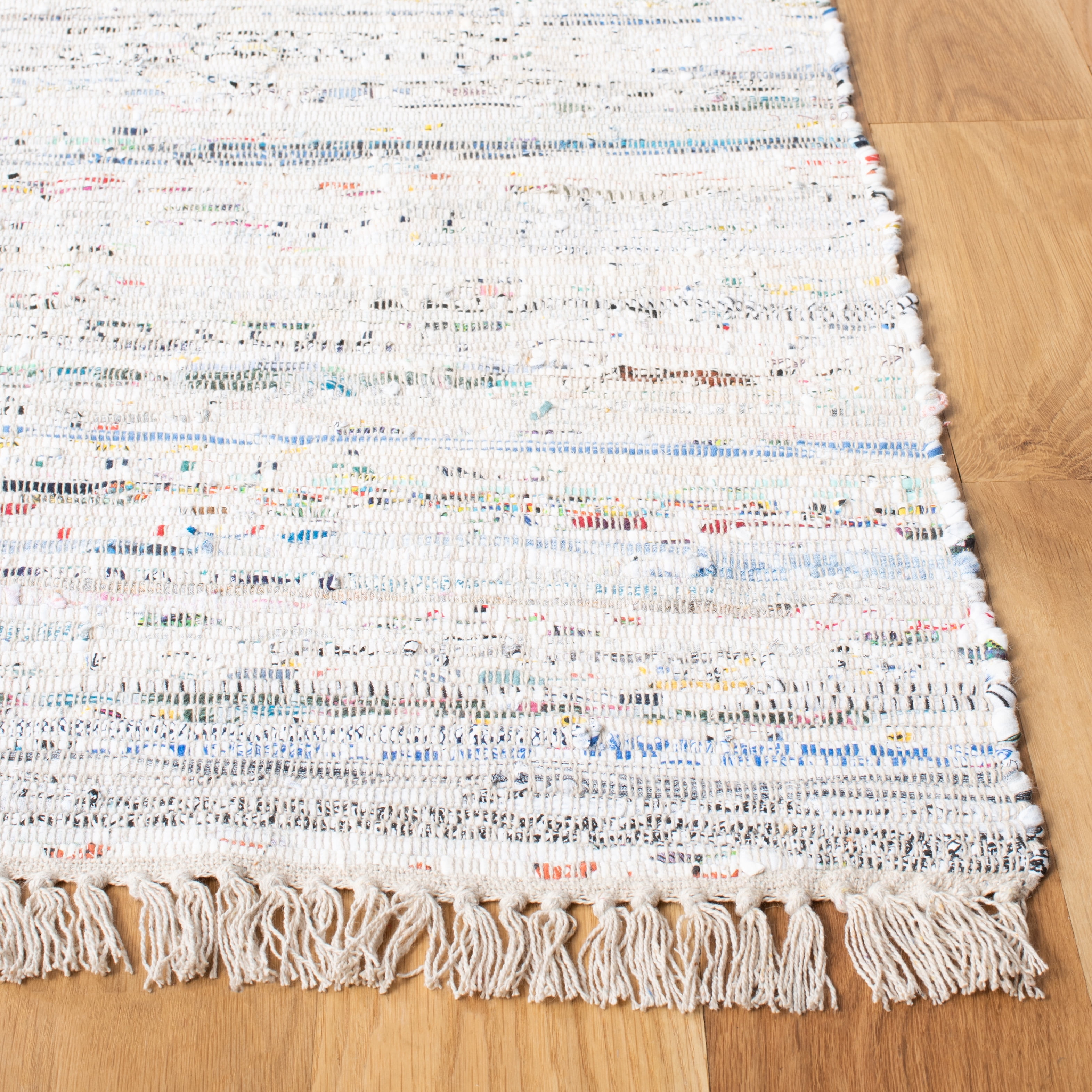 SAFAVIEH Rag Robynne Striped Cotton Area Rug, Ivory/Multi, 5' x 5' Square