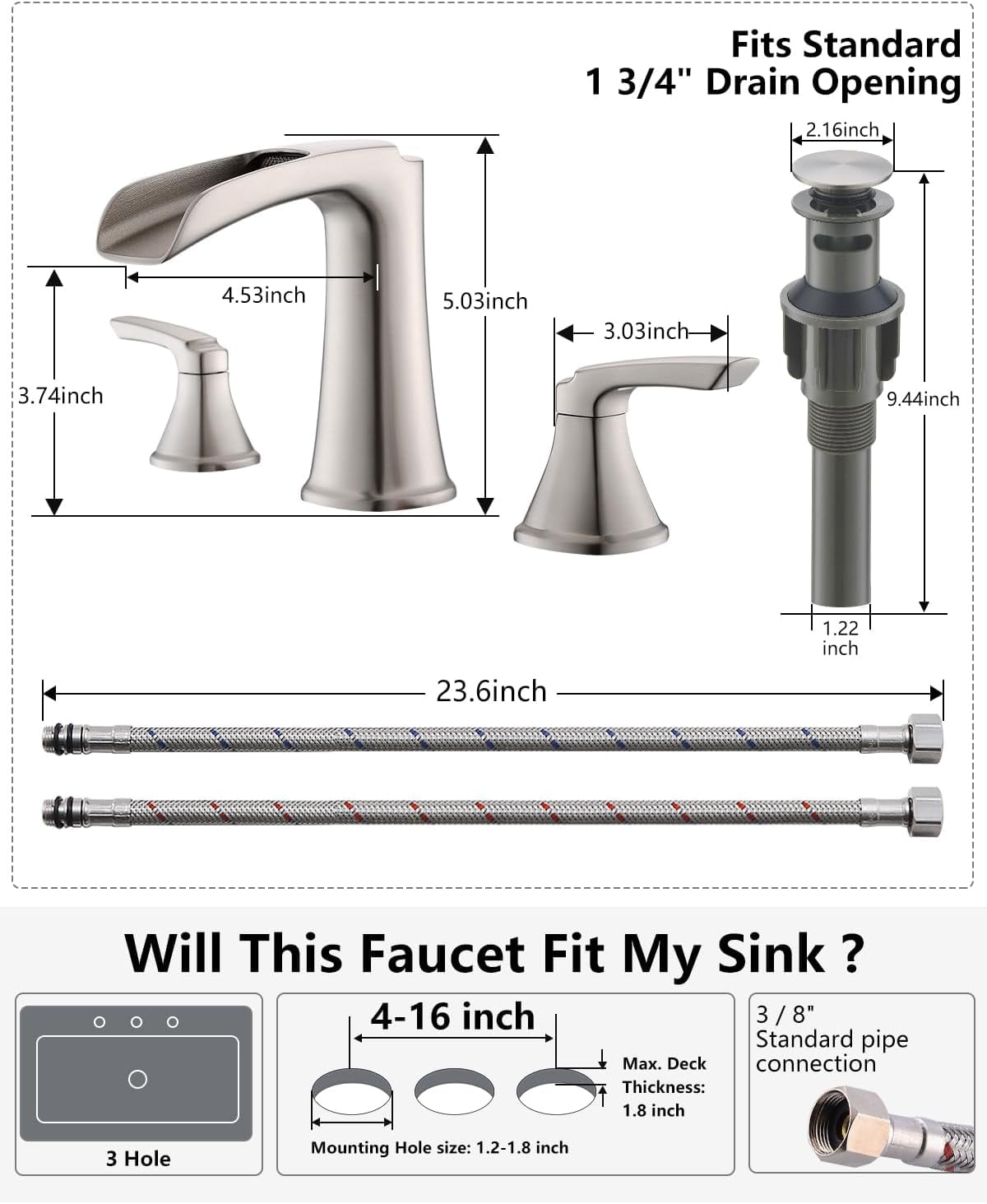 Brushed Nickel Bathroom Faucet 3 Hole, Waterfall 8 Inch Widespread Bathroom Sink Faucet with Pop-up Drain, Two-Handle Faucet for Bathroom Sink