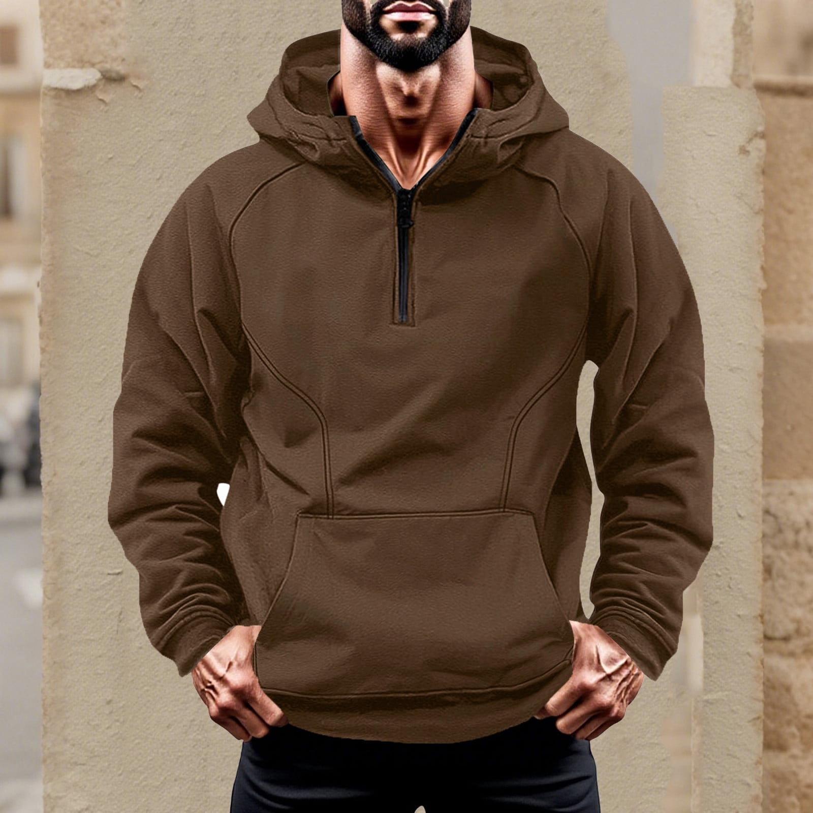 Enjoytime Pullover Hoodie Men Solid Color Long Sleeve Quarter Zip