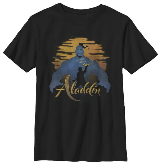 Boy's Aladdin Genie Sunset Silhouette Graphic Tee Black Large