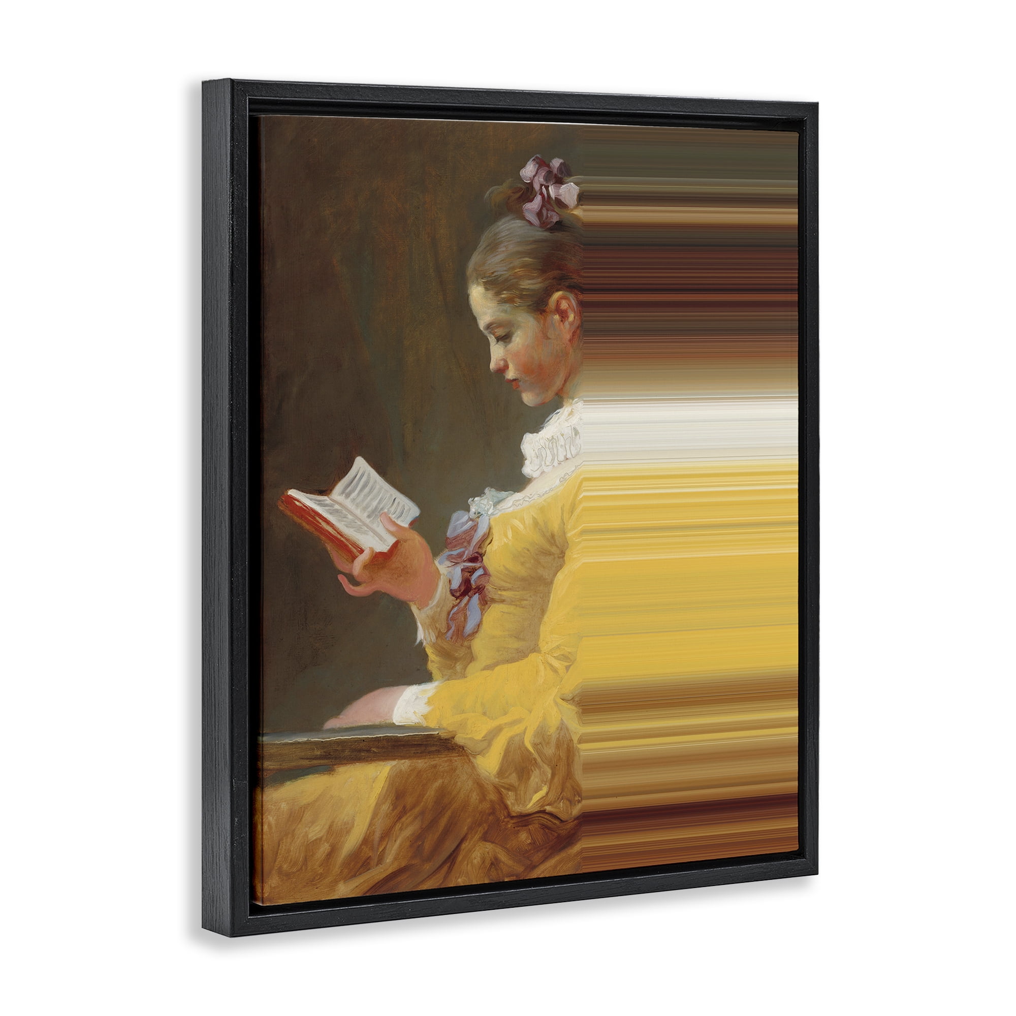 Vintage Lady Reading with Gradient Streaks Black Framed Floater Canvas Wall Art, design by Seven Trees Design