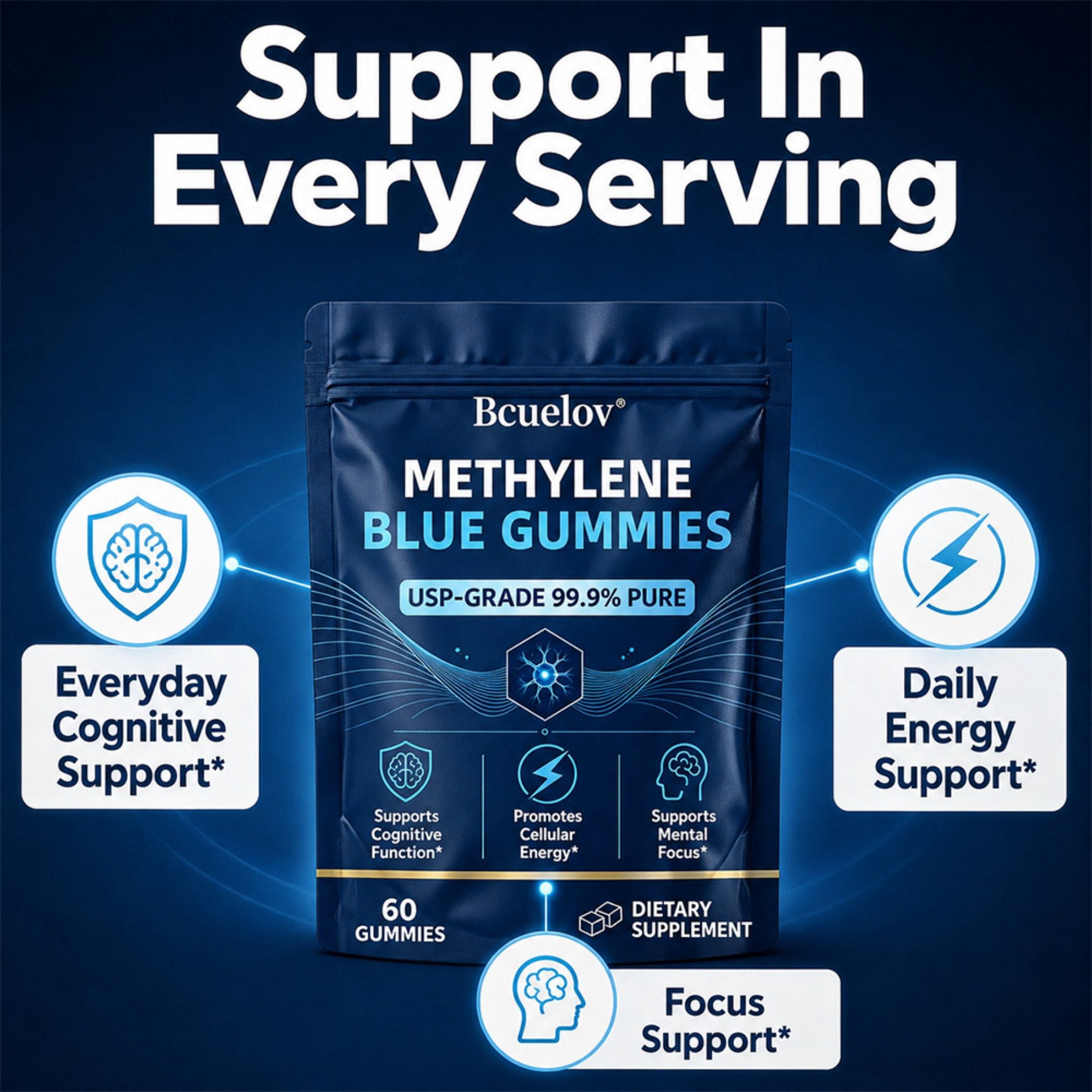 Bcuelov Methylene Blue Gummies,USP Grade, 5mg Per Serving,60 Count