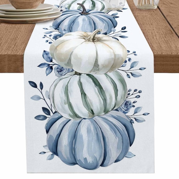 nqOlkjepod Thanksgiving Table Runner 48 Inches Long Farmhouse Dress Scarves, Blue White Pumpkin Eucalyptus Leaves Dining Tablerunner for Coffee Table/Kitchen Island/Party Décor, 13" x 48"