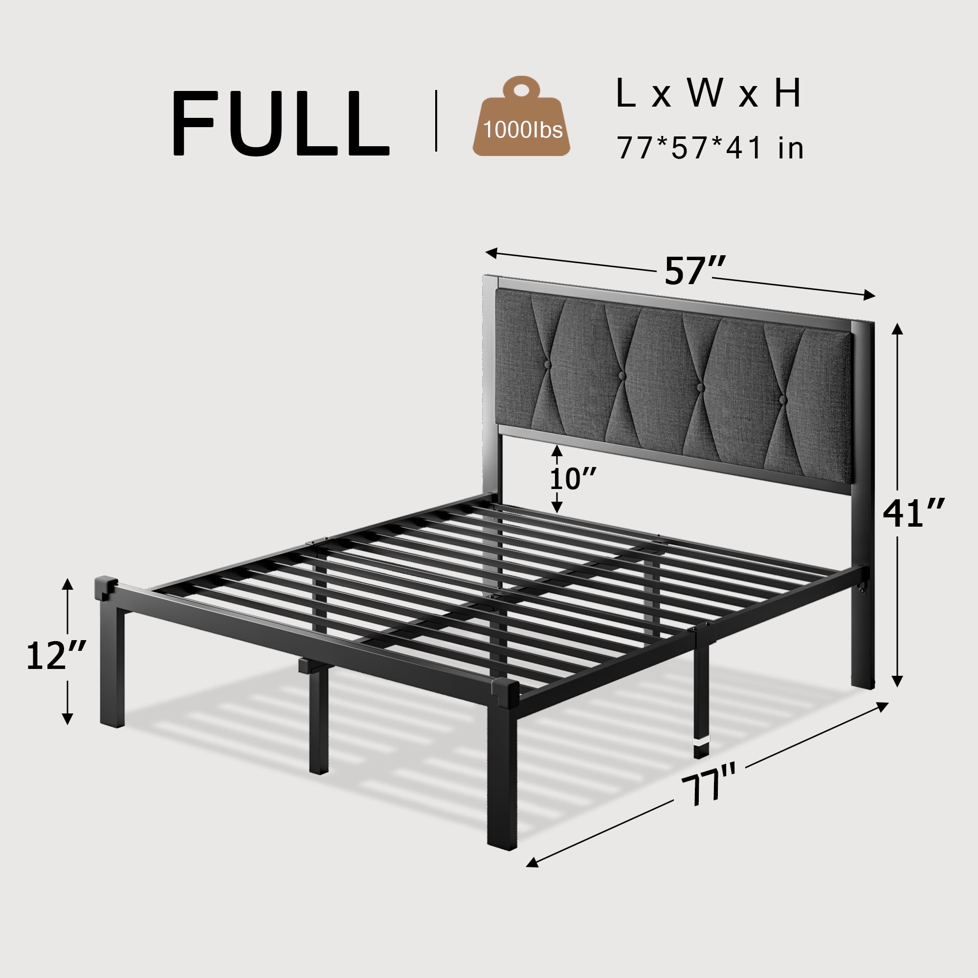 Einhomn Modern Metal Platform Bed Frame with Fabric Upholstered Headboard 12" Underbed Storage, Full Size