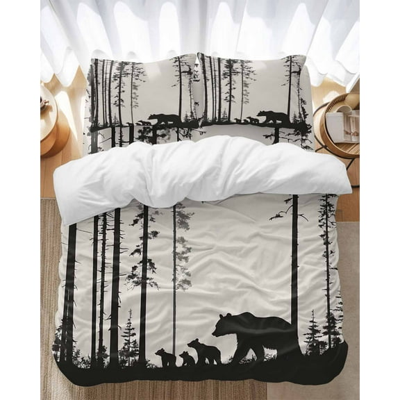 Abstract Bedding Duvet Cover Set Queen Size 4 Pieces Bear Family Forest Trees Natural Scenery Silhouette Bedding Set with Zipper Closure, 1 Comforter Cover 90x92 Inches 1 Flat Sheet & 2 Pillow Cases