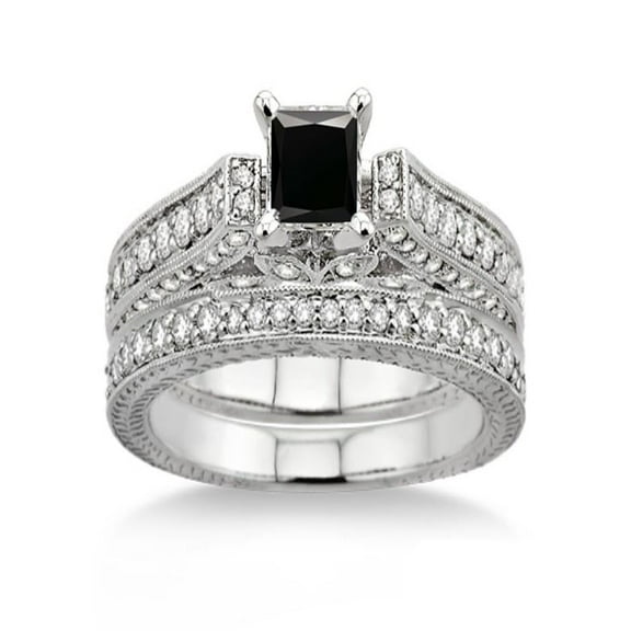 2 Carat Black Diamond Antique Bridal Set Engagement Ring on 10k White Gold