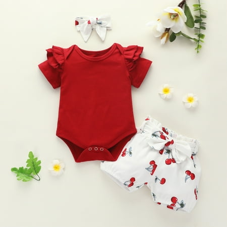 

EHTMSAK Infant Baby Toddler Girl 3PCS Outfits Bow Bodysuit and Floral Shorts Set Summer Ruffle Clothing Set Short Sleeve with Headband Red 3M-18M 100