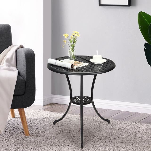 Edtara Rust-Free Cast Aluminum Bistro Table, 24" Outdoor Side Table With Umbrella Hole, Ideal for Small Spaces