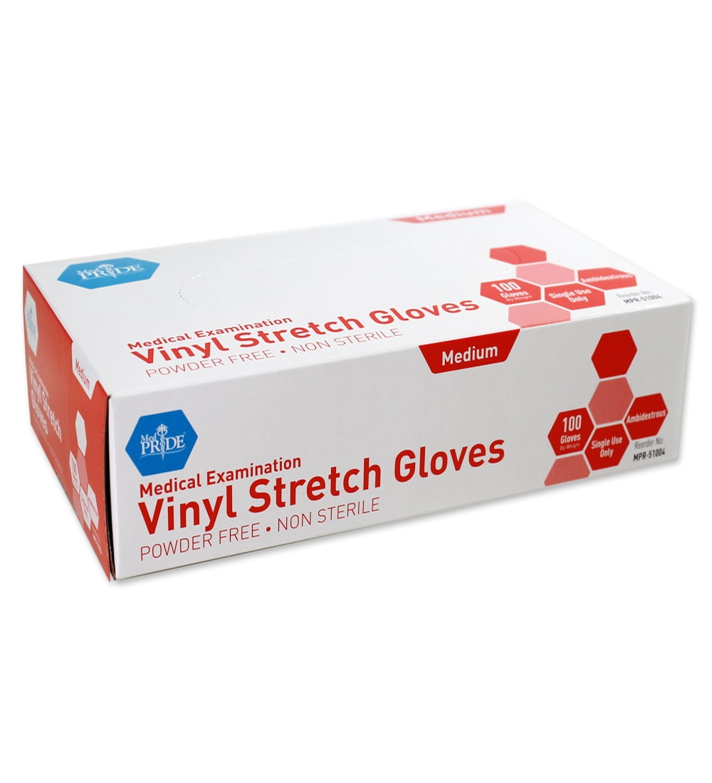 MedPride Vinyl Stretch Exam Gloves, Powder Free, Medium, Box of 100