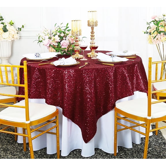 Wedding Linens Inc. 72" x72" Square Sequin Glitz Table Overlay Toppers Tablecloth - Burgundy
