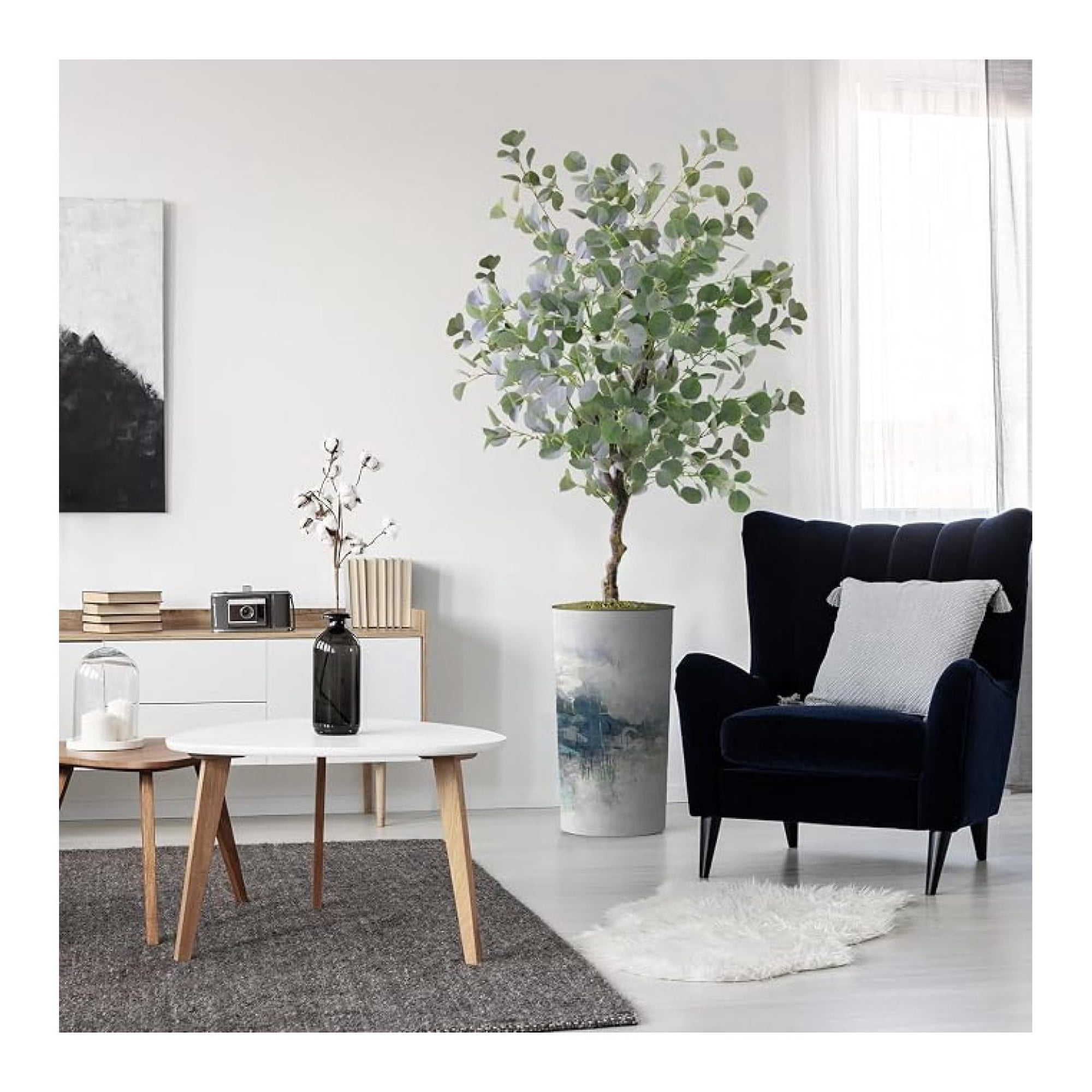 Artificial Tree in White & Blue Textured Planter Eucalyptus Silk Tree for Indoor and Outdoor Home Decoration - 66 Overall Tall (Plant Pot Plus Tree)